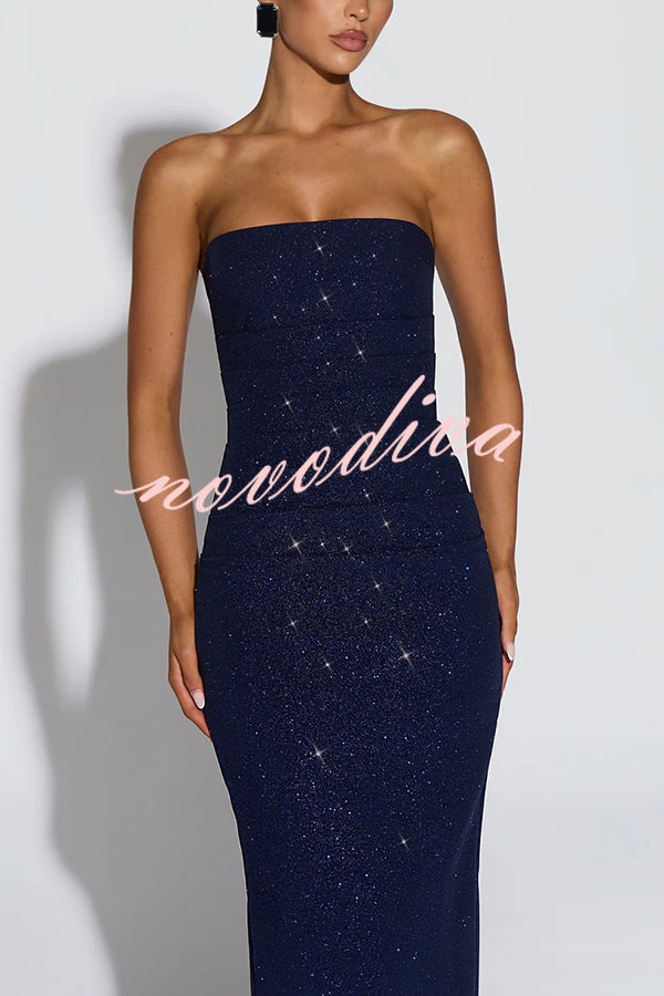 Pandra Glittery Crepe Fabric Off Shoulder Ruched Slit Cape Maxi Dress