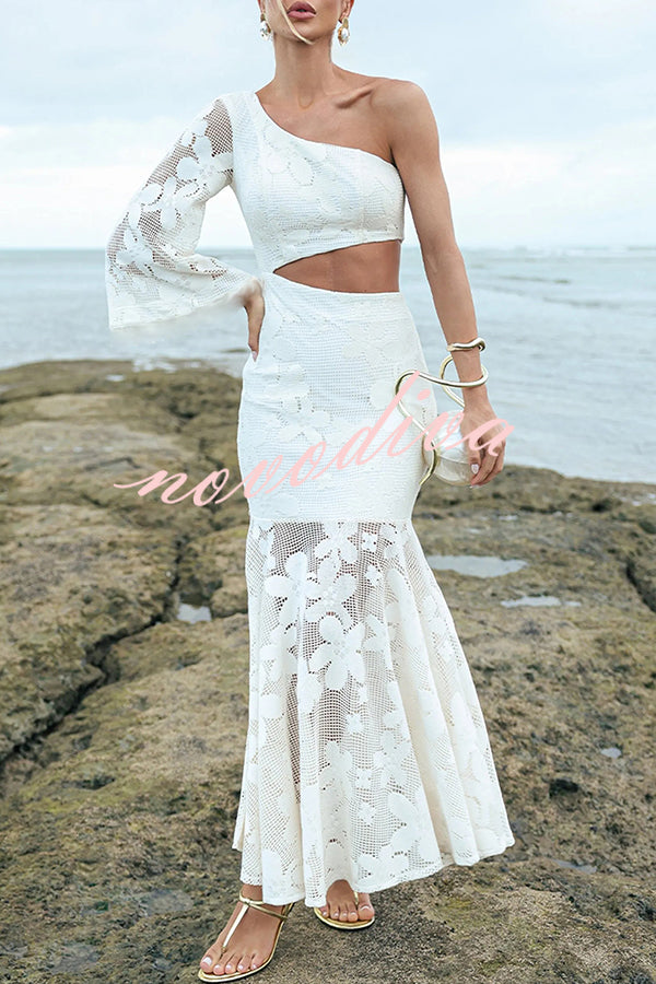 Jackline Floral Lace One Shoulder Bell Sleeve Cutout Waist Fishtail Maxi Dress