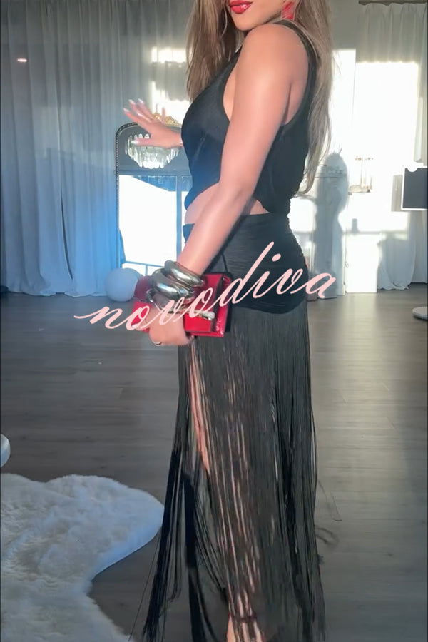 Dancing Miracle One Shoulder High Waist Hollow Design Tassel Hem Drape Mini Dress