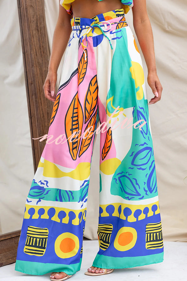Maison Linen Blend Unique Print High Neck Top and Elastic Tie-up Waist Pocket Wide Leg Pants Set