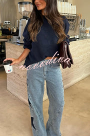 Jessy Denim Mid Rise Side Star Pattern Pocket Wide Leg Jeans