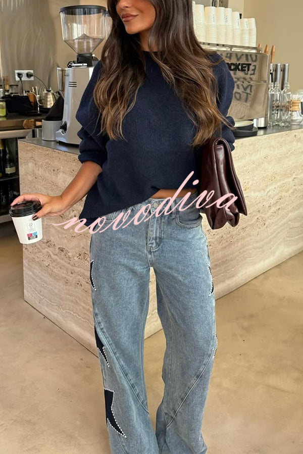 Jessy Denim Mid Rise Side Star Pattern Pocket Wide Leg Jeans