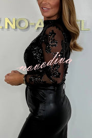 Chelsea Sheer Flower Sequin Detail Mock Neck Long Sleeve Stretch Top