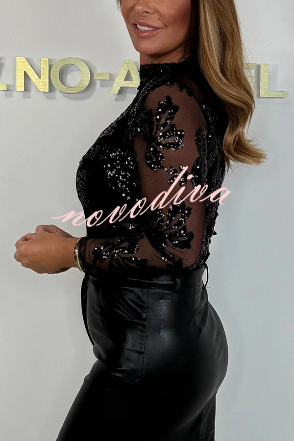 Chelsea Sheer Flower Sequin Detail Mock Neck Long Sleeve Stretch Top