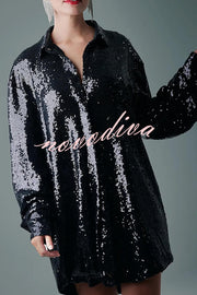 Solid Color Sequined Long-sleeved Casual Mid-length Loose Shirt