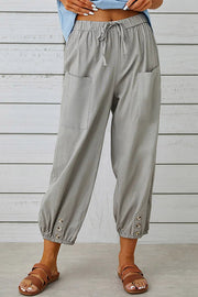 Tatum Linen Blend Elastic Waist Pocketed Button Hem Pants