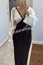 Lainei Contrast Color Satin Lace Trim V-neck Long Sleeve Maxi Dress
