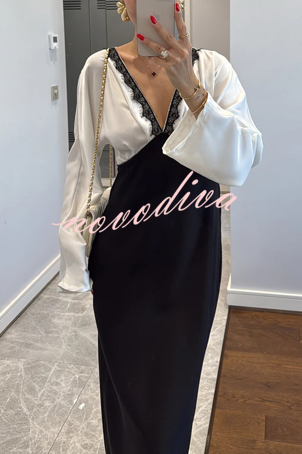 Lainei Contrast Color Satin Lace Trim V-neck Long Sleeve Maxi Dress