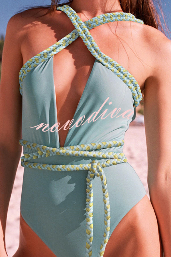 Sexy V-neck Cross-tie Elastic One-piece Swimsuit