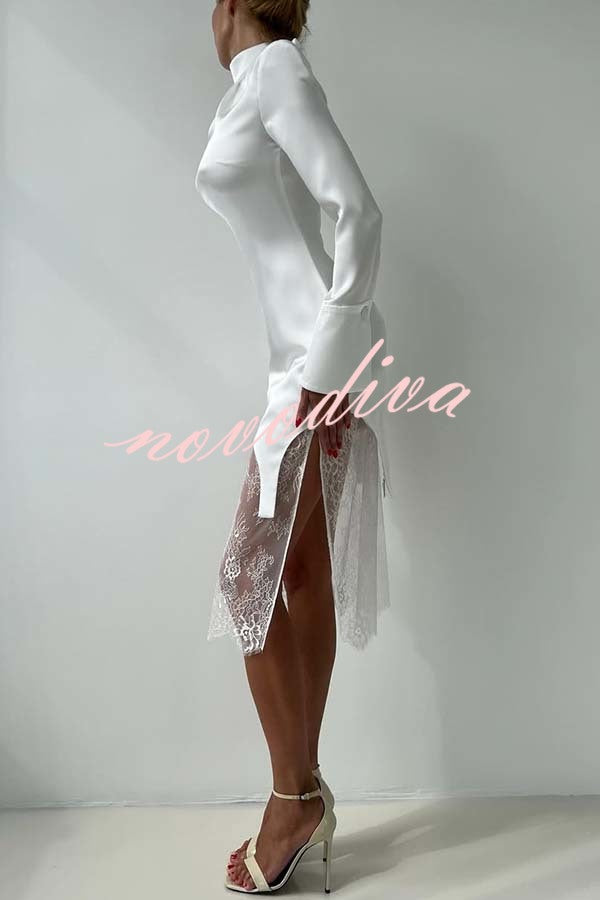 Melissa Satin High Neck Long Sleeve Curved Hem Top and Lace Midi Skirt Set
