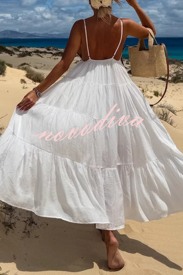 Bohemian Style V-neck Backless Slip Layered Vacation Maxi Dress