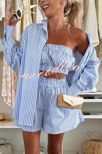 Zoie Striped Stretch Bandeau + Elastic Waist Pocket Shorts + Oversized Blouse 3 Pieces Set
