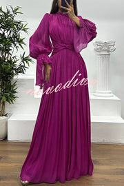 Ellah Shiny Fabric Chinese Stand Collar Twist Waist Balloon Sleeve Maxi Dress