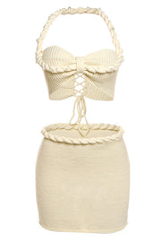 Sexy Halterneck Pearl-embellished Lace-up Tank and Fitted Knit Mini Skirt Set