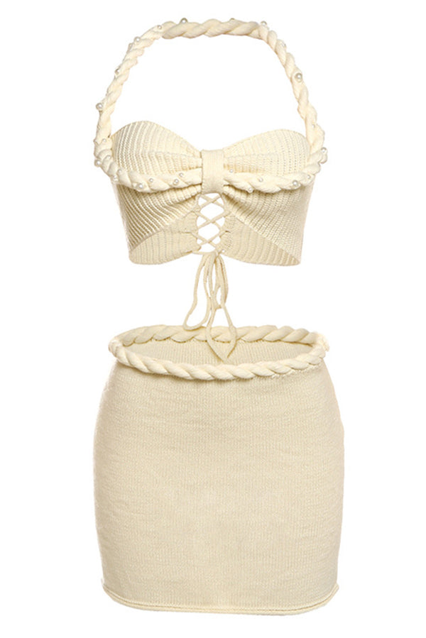 Sexy Halterneck Pearl-embellished Lace-up Tank and Fitted Knit Mini Skirt Set