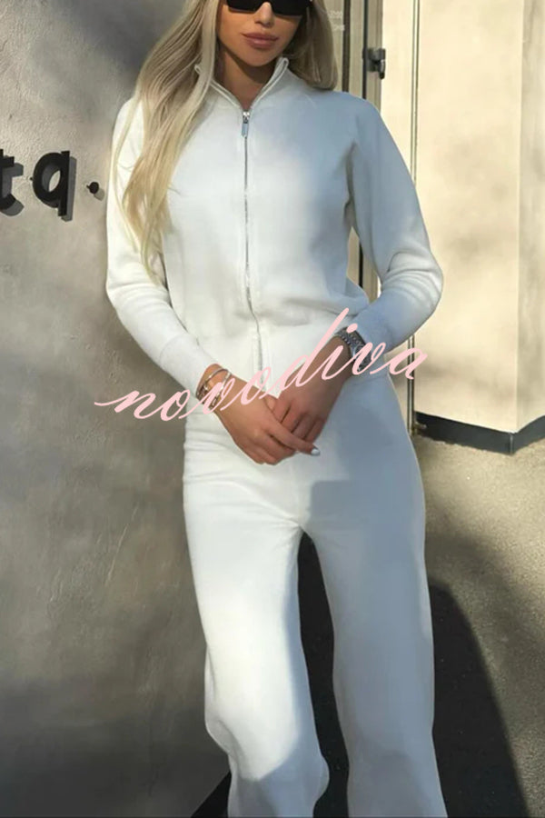 Cozycore Knit Zipper Long Sleeve Cardigan and Stretch Wide Leg Pants Set