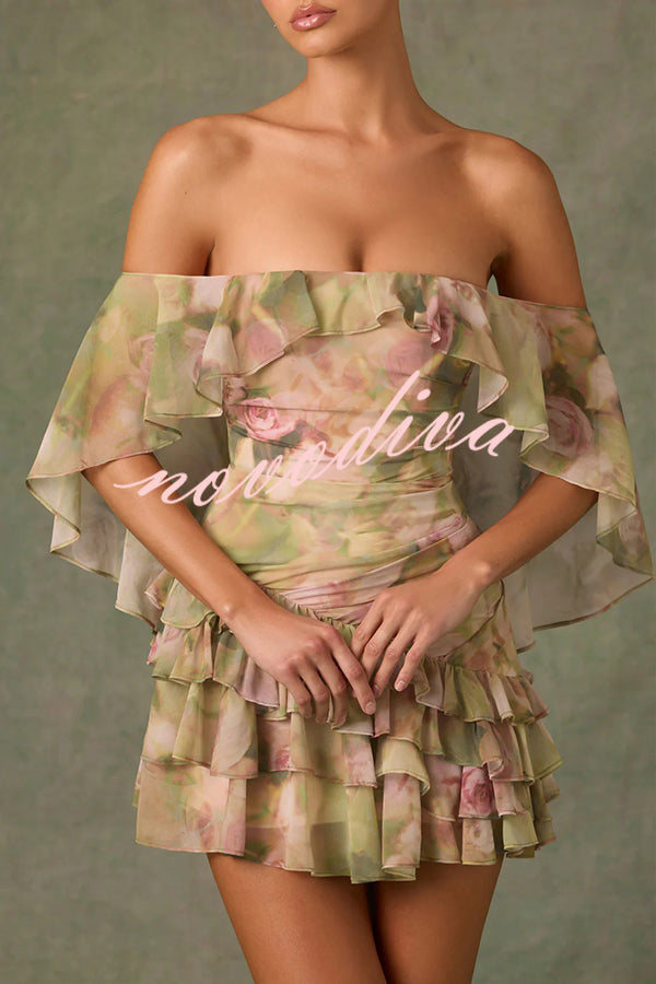 Chiffon Floral Print Elegant Multi-Layered Ruffle Mini Dress