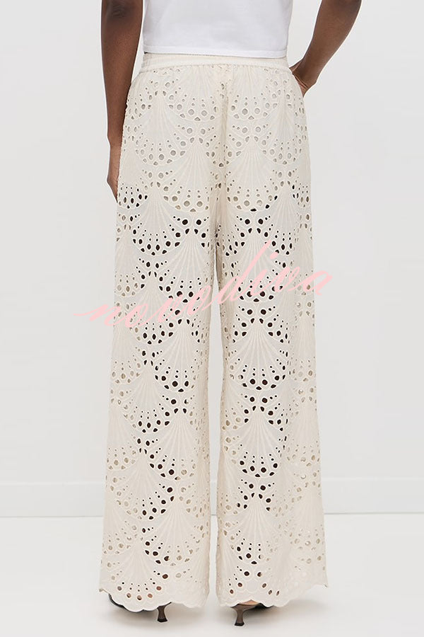 Lillah Embroidered Lace Shell Pattern Elastic Waist Wide Leg Pants