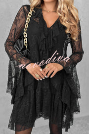 Feeling Lighthearted Lace Ruffle Neck Bell Sleeve Layered Hem A-line Mini Dress