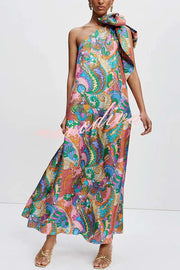Rainbow Breeze Satin Unique Print Bow One Shoulder Loose Maxi Dress