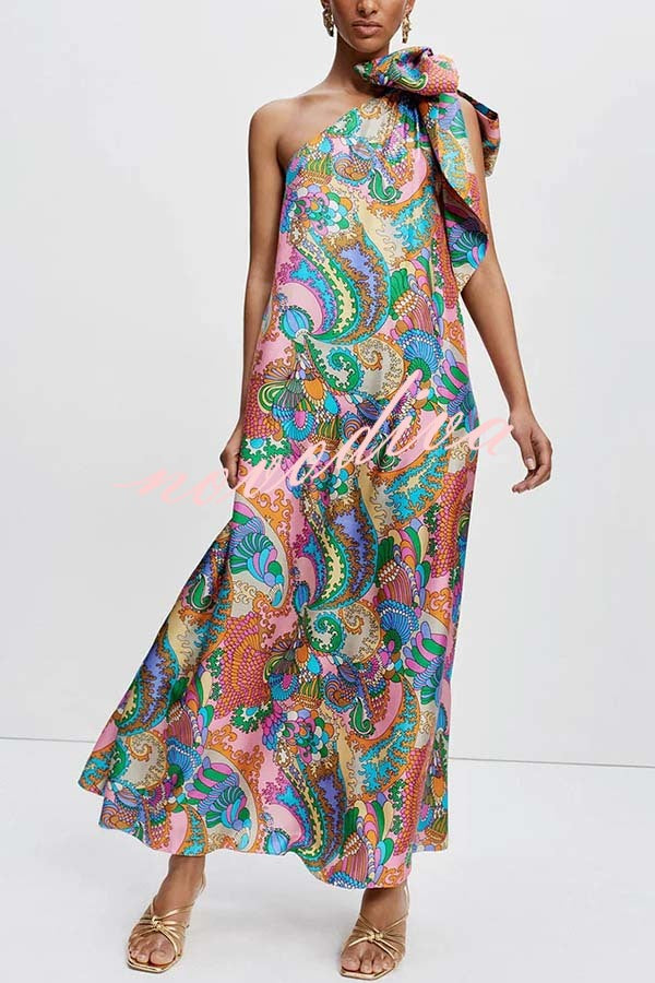 Rainbow Breeze Satin Unique Print Bow One Shoulder Loose Maxi Dress