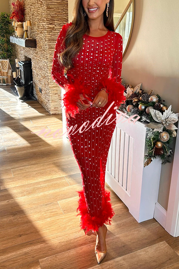 Sexy Long Sleeve Round Neck Feather Edge Rhinestone Decoration Slim Fit Maxi Dress