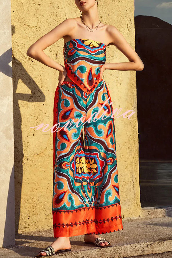 Ethnic Style Unique Print Tube Top and Elastic Waist Casual Pocket Wide Leg Pants Set
