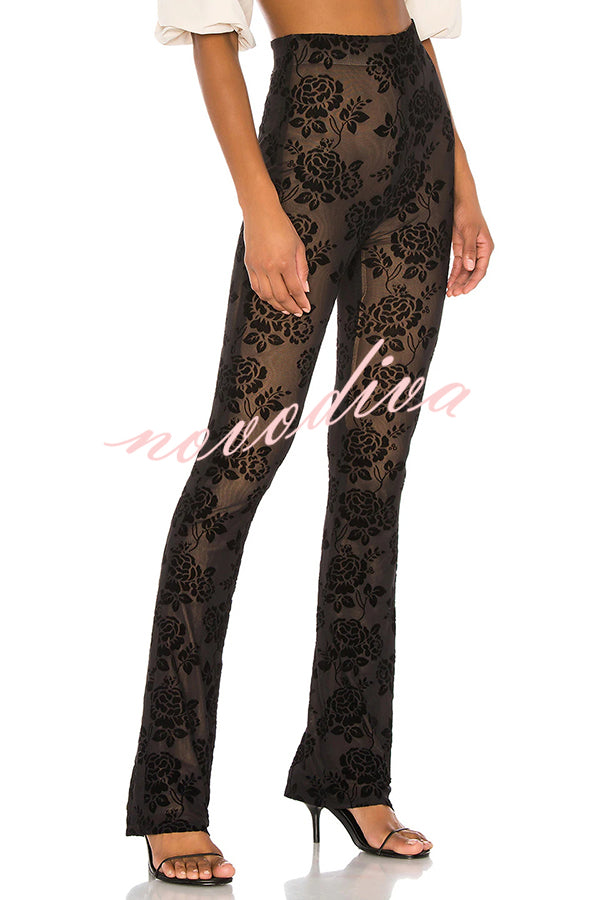 Romance Detail Flower Pattern Mesh Elastic Waist Stretch Flare Pants