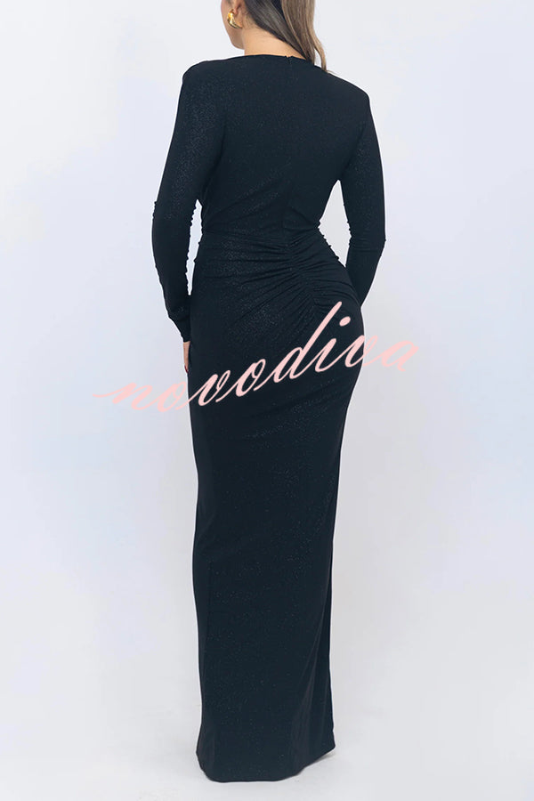 Solid Color Shiny Sexy V-neck Long Sleeve Ribbon Slit Slim Fit Maxi Dress