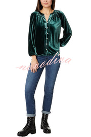 Solid Color Velvet V-neck Long-sleeved Shirt