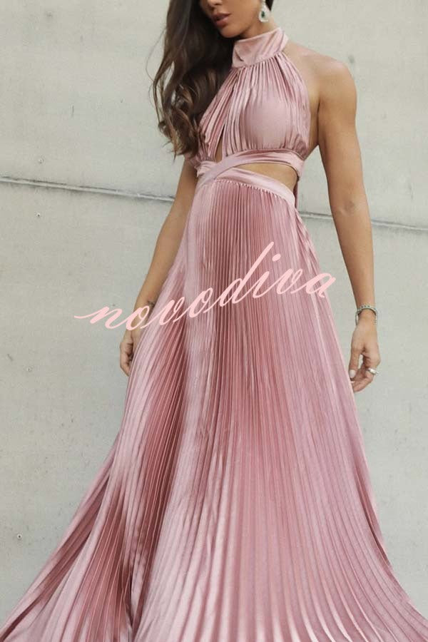 Stunning Choice Satin Pleated Halter High Neck Cutout Waist Backless Maxi Dress