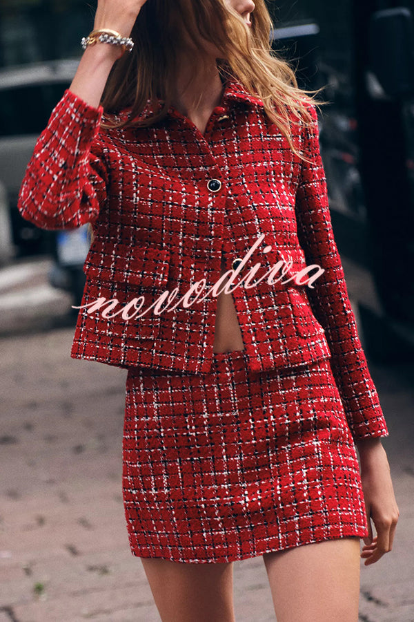 Tweed Plaid Textured Long-sleeved Casual Pocket Jacket