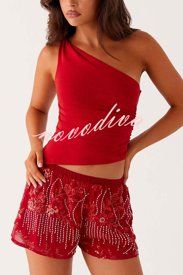 Dazzling Sequin Beaded Material Low Rise Elastic Waist Loose Shorts