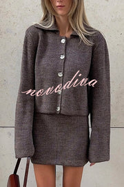 Fashion Lapel Bell Sleeve Knitted Cardigan and Casual Mini Skirt Set