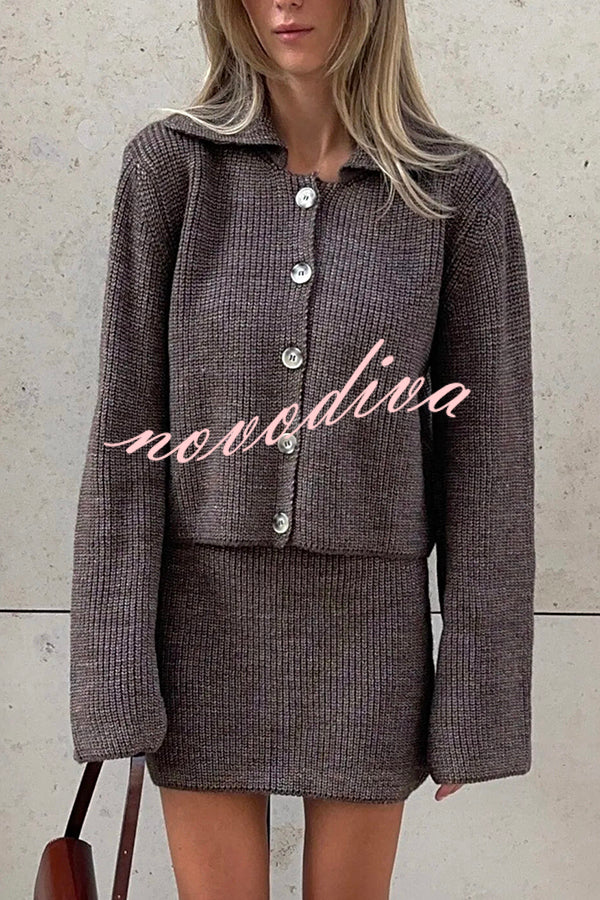 Fashion Lapel Bell Sleeve Knitted Cardigan and Casual Mini Skirt Set