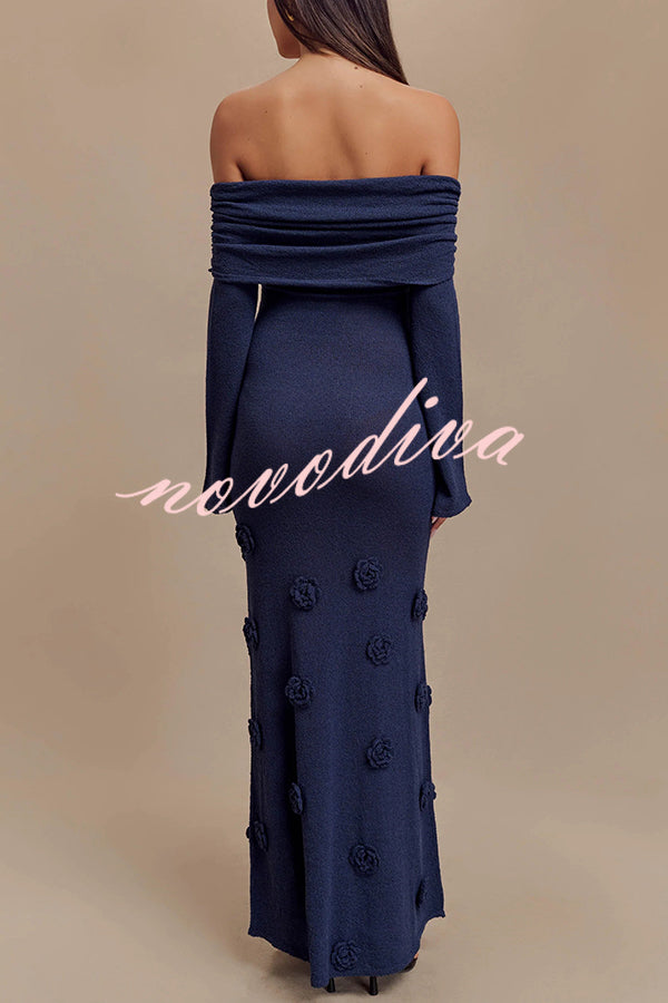 Timeless Sophistication Knit Off Shoulder Rose Detail Stretch Maxi Dress