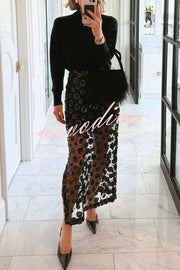 Gorgeous Flower Embellished Sequin Sheer High Rise Slit Midi Skirt