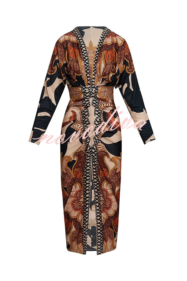 Verra Unique Print Dolman Long Sleeve Ruched Slit Midi Dress