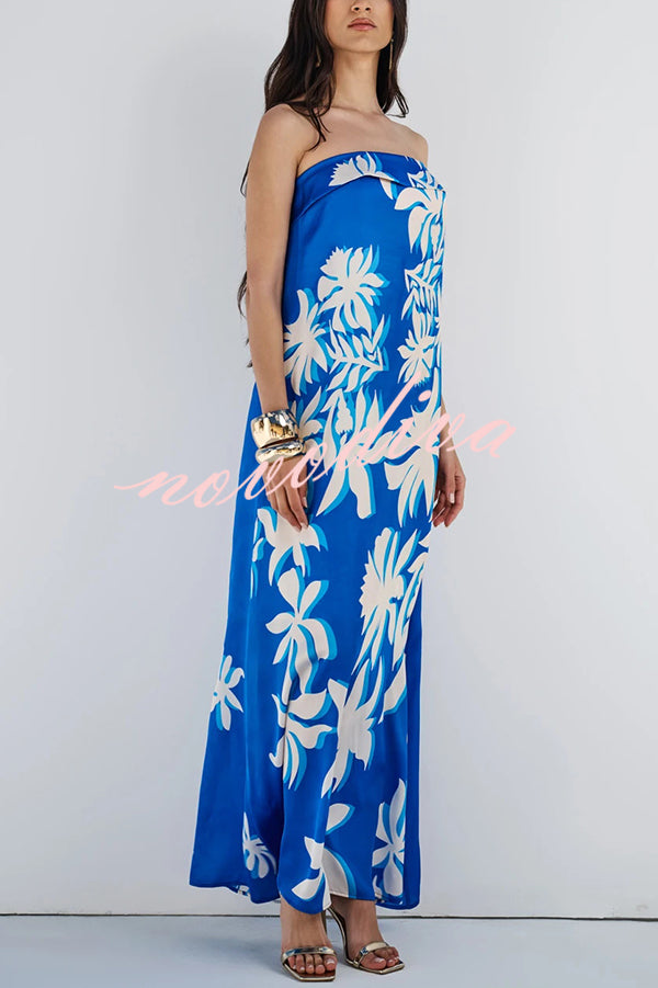 Fashion Vacation Satin Unique Print Off Shoulder Maxi Dress