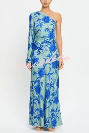 Satin Botanical Print One-Sleeve Resort Maxi Dress