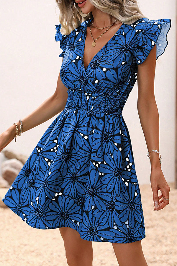 Wonderful Weekend Floral Print Ruffle Sleeve Elastic Waist Mini Dress