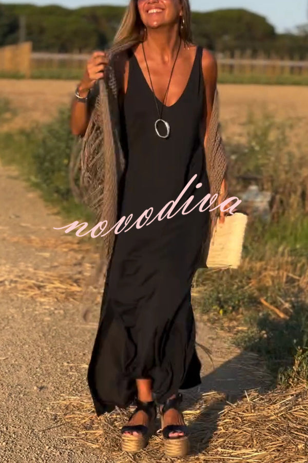 Solid Color V-neck Sleeveless Casual Loose Maxi Dress