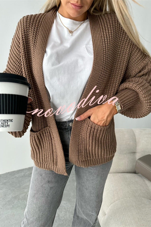 Solid Color V-neck Long-sleeved Casual Knitted Cardigan