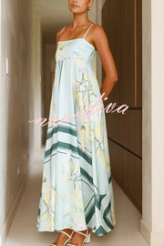 Botanical Print Square Neck Suspender Casual Full Hem Maxi Dress