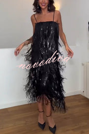 Chic Celebration Layered Sequined Tassels Slip Strapless H-line Midi Dress
