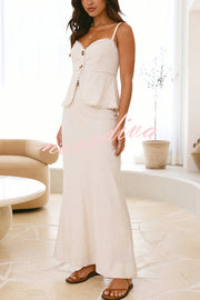 Solid Color Halter Button-Down Top and Elegant Fitted Maxi Skirt Set