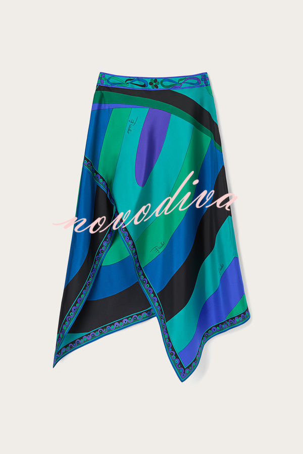Gabbie Satin Unique Print Halter Scarf Tank and Asymmetrical Maxi Skirt Set