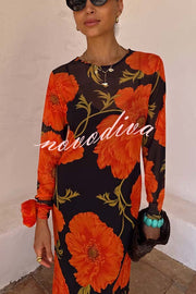 Perfect Cross-season Mesh Poppy Flower Print Long Sleeve Stretch Maxi Dress