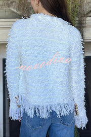Solid Color Metal Button Long Sleeve Elegant Tassel Top