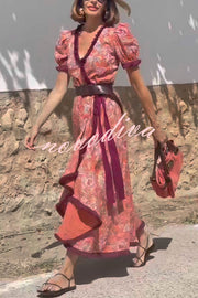 Bohemian Floral Print Elegant Puff Sleeve Holiday Maxi Dress